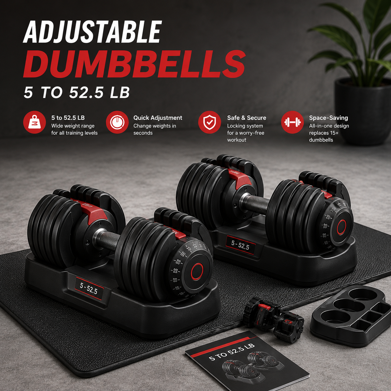 14 Adjustable Dumbbells, 5 to 52.5 lb - Image 1